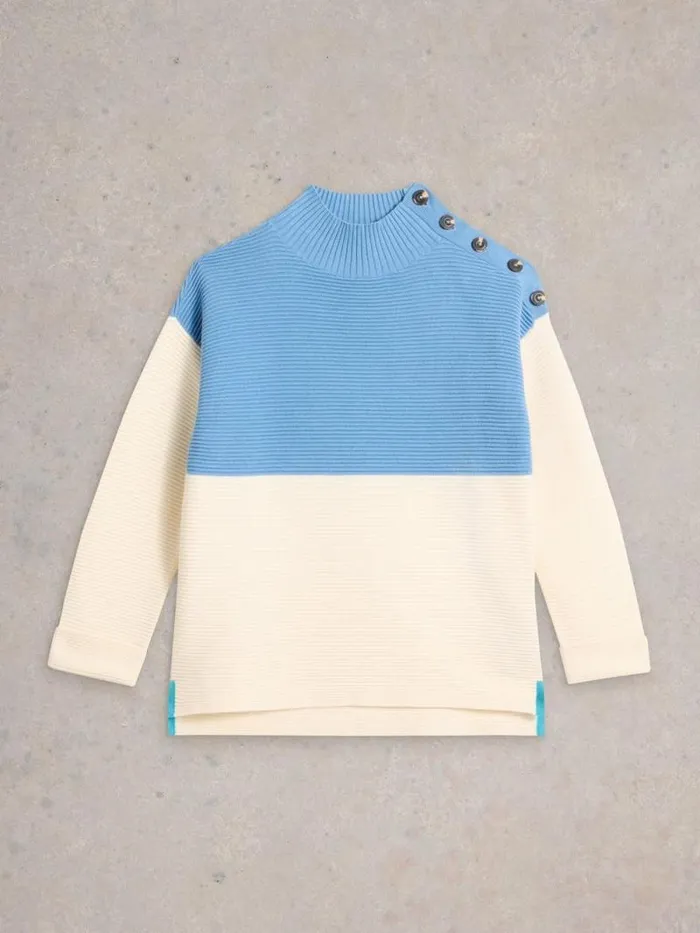 Women JANA BUTTON HIGH NECK JUMPER Blue Multi White Stuff Knitwear Women JANA BUTTON HIGH NECK JUMPER Blue Multi White Stuff Knitwear