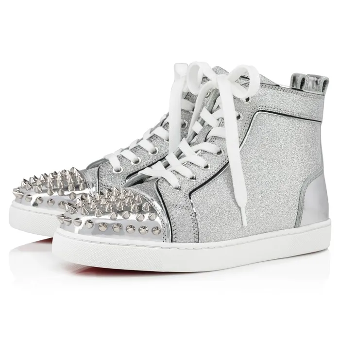Women Lou Spikes Hightop Sneakers 8211 Specchio Leather And Glittered Calf Leather 8211 Silver Christian Louboutin Sneakers Women Lou Spikes Hightop Sneakers 8211 Specchio Leather And Glittered Calf Leather 8211 Silver Christian Louboutin Sneakers