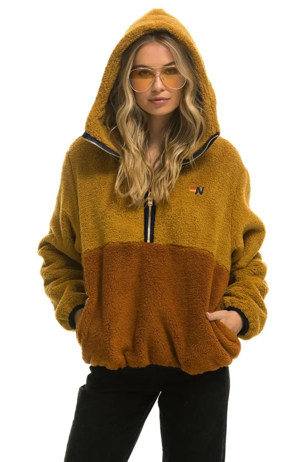 WomenMen Outerwear Aviator Nation TEDDY UNISEX HOODED HALF ZIP COLOR BLOCK JACKET 8211 HONEY WomenMen Outerwear Aviator Nation TEDDY UNISEX HOODED HALF ZIP COLOR BLOCK JACKET 8211 HONEY