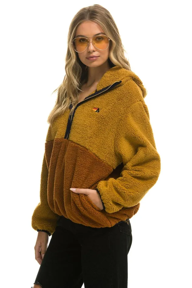 WomenMen Outerwear Aviator Nation TEDDY UNISEX HOODED HALF ZIP COLOR BLOCK JACKET 8211 HONEY WomenMen Outerwear Aviator Nation TEDDY UNISEX HOODED HALF ZIP COLOR BLOCK JACKET 8211 HONEY
