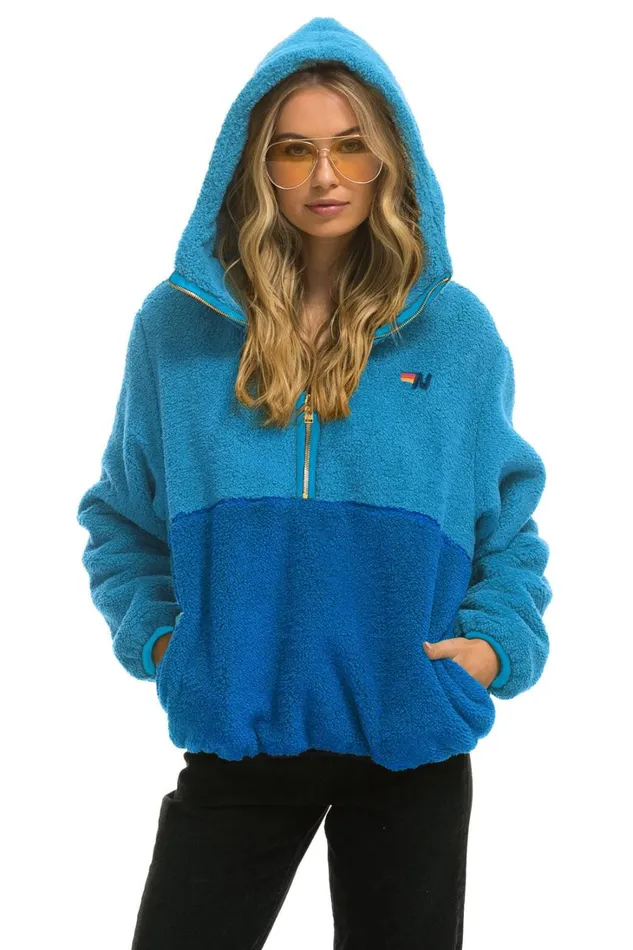 WomenMen Outerwear Aviator Nation TEDDY UNISEX HOODED HALF ZIP COLOR BLOCK JACKET 8211 OCEAN WomenMen Outerwear Aviator Nation TEDDY UNISEX HOODED HALF ZIP COLOR BLOCK JACKET 8211 OCEAN