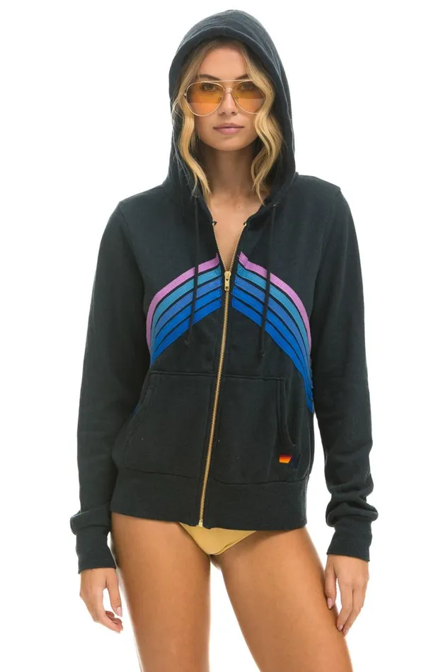 WomenMen Tops Aviator Nation MOUNTAIN STITCH CHEVRON ZIP HOODIE 8211 CHARCOAL BLUE PURPLE