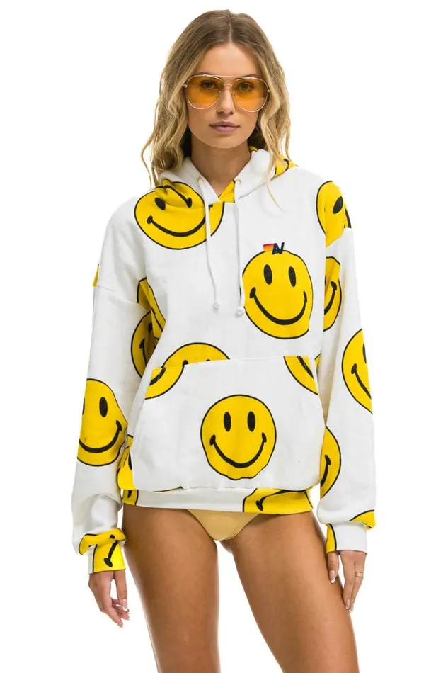 WomenMen Tops Aviator Nation SMILEY REPEAT RELAXED PULLOVER HOODIE 8211 WHITE WomenMen Tops Aviator Nation SMILEY REPEAT RELAXED PULLOVER HOODIE 8211 WHITE