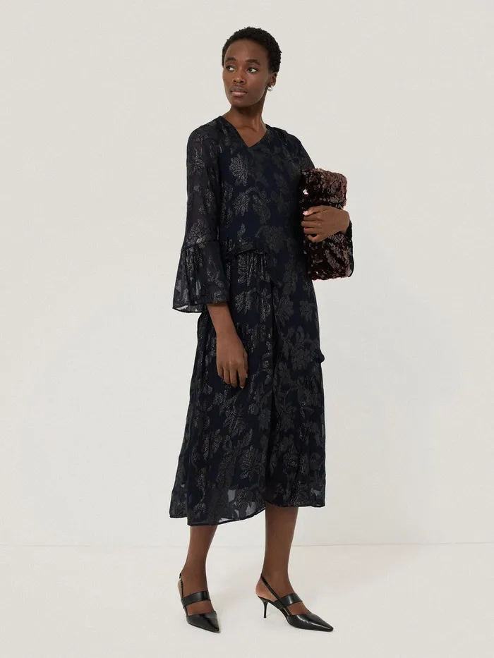 Women Metallic Jacquard Midi Dress Navy Jigsaw Party