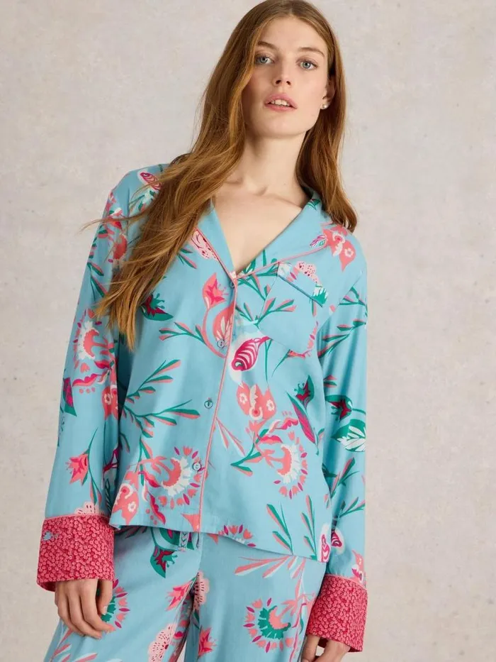 Women Nina Organic PJ Shirt Blue Print White Stuff Nightwear