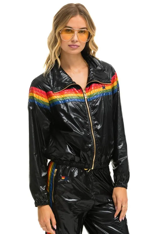 Women Outerwear Aviator Nation 5 STRIPE WINDBREAKER 8211 BLACK GLOSSY Women Outerwear Aviator Nation 5 STRIPE WINDBREAKER 8211 BLACK GLOSSY