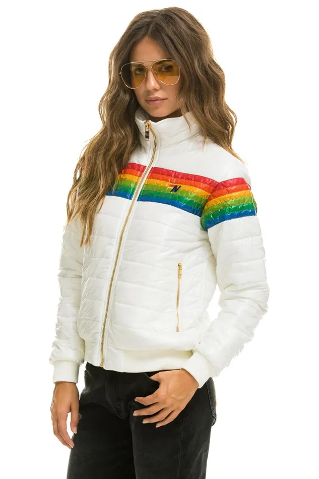 Women Outerwear Aviator Nation 6 STRIPE RAINBOW SLEEVE JACKET 8211 GLOSSY WHITE Women Outerwear Aviator Nation 6 STRIPE RAINBOW SLEEVE JACKET 8211 GLOSSY WHITE