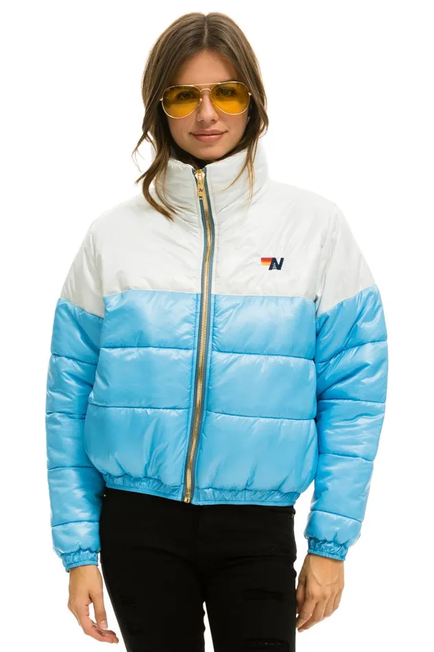 Women Outerwear Aviator Nation COLOR BLOCK HALF AND HALF APRES PUFFER JACKET 8211 WHITE GLOSSY Women Outerwear Aviator Nation COLOR BLOCK HALF AND HALF APRES PUFFER JACKET 8211 WHITE GLOSSY