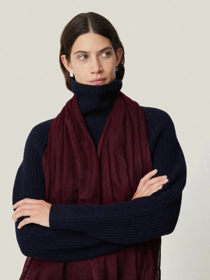 Women Pure Cashmere Gauze Scarf Burgundy Jigsaw Knitwear and Cashmere