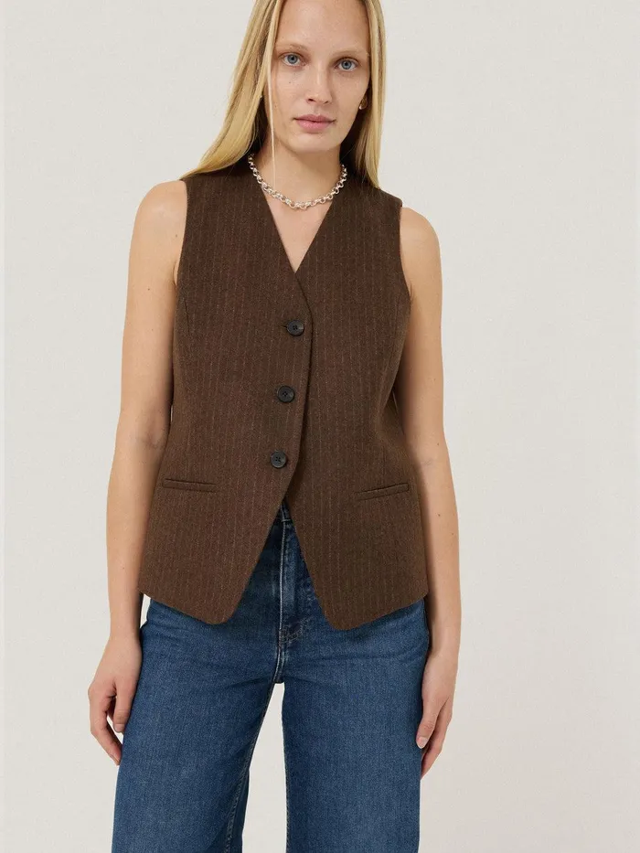 Women Wool Pinstripe Waistcoat Brown Jigsaw Coats and Jackets